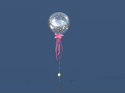 Transparent Balloon With Gold Confetti Pink Ribbon And Yellow Ball On Dark Blue Background 3d model