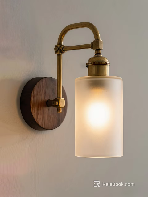 Modern Minimalist Wall Lamp With Wooden Base Brass Arm And Frosted Glass Shade 3d model 