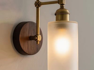 Modern Minimalist Wall Lamp With Wooden Base Brass Arm And Frosted Glass Shade 3d model