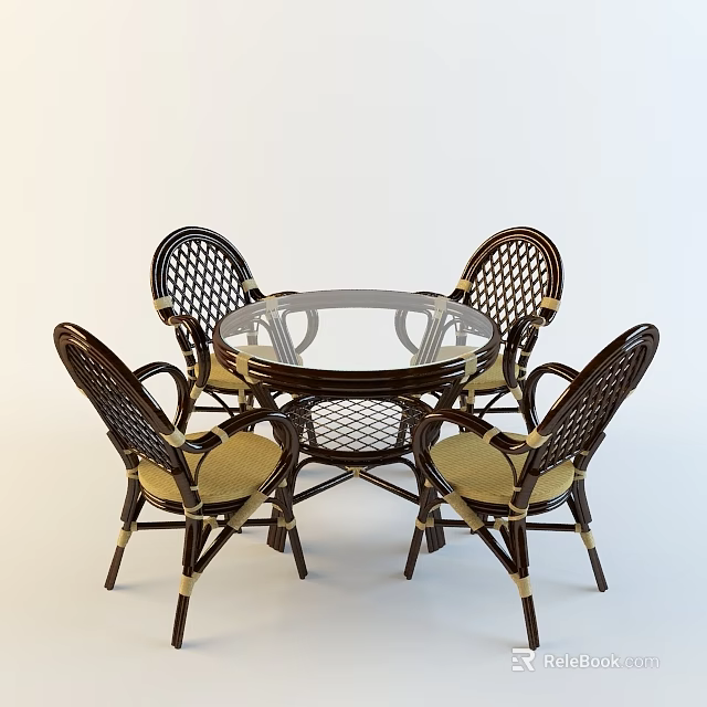 Outdoor Round Glass Top Table With Four Wicker Cushioned Chairs For Garden Patio 3d model 