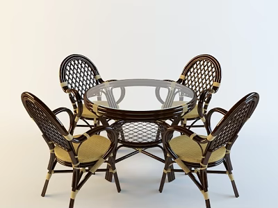 Outdoor Round Glass Top Table With Four Wicker Cushioned Chairs For Garden Patio 3d model