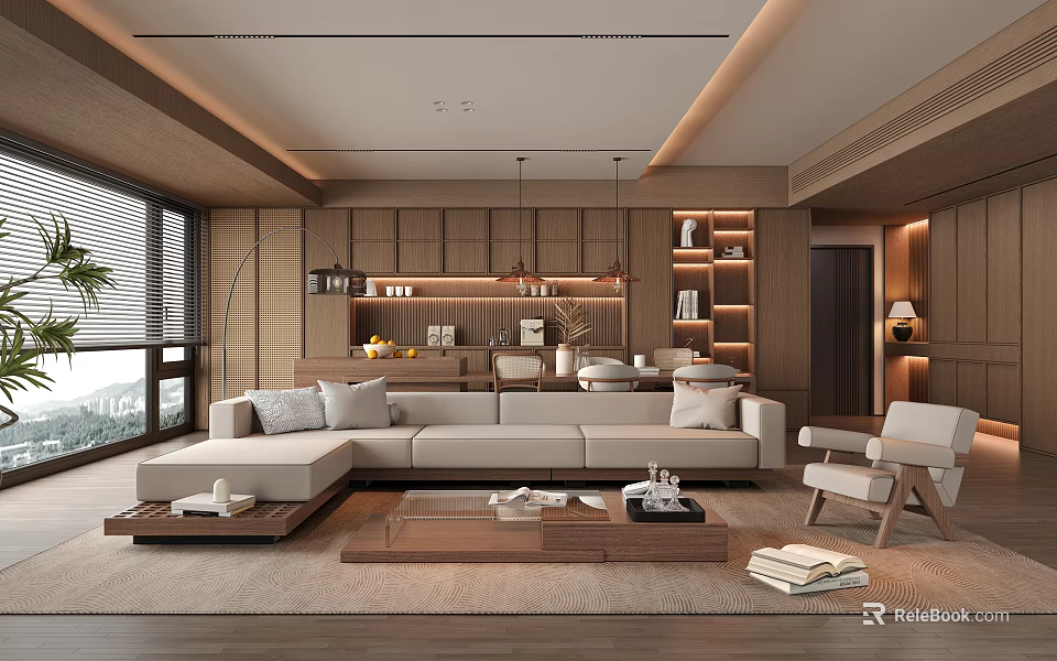 Modern Living Dining Room Interior With Wooden Cabinets Sofa Coffee Table And Bookshelves 3d model 