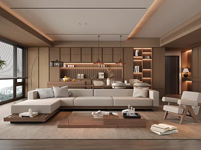 Modern Living Dining Room Interior With Wooden Cabinets Sofa Coffee Table And Bookshelves 3d model