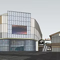 Modern Commercial Complex Featuring Glass Curtain Wall Large Digital Screen And Traditional Style Annex Building