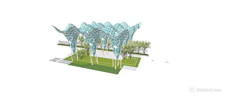 Modern Wavy Pergola Design With Geometric Lattice Green Lawn And Trees 3d model 