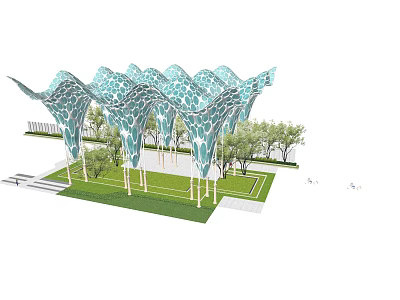Modern Wavy Pergola Design With Geometric Lattice Green Lawn And Trees 3d model
