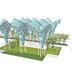 Modern Wavy Pergola Design With Geometric Lattice Green Lawn And Trees