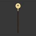 Traditional Decorative Weapon with Golden Fan Shaped Head and Red Gemstone on Long Wooden Handle