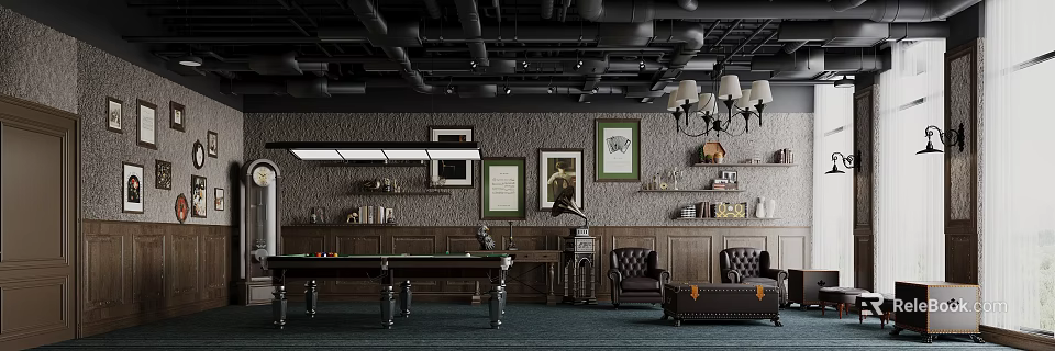 Billiard Room Interior With Vintage Decor Industrial Pipes And Leather Sofas 3d model 