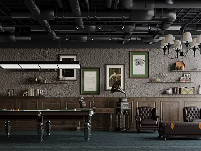 Billiard Room Interior With Vintage Decor Industrial Pipes And Leather Sofas 3d model
