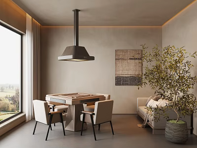 Elegant Hotel Mahjong Room With Wooden Table Chairs Sofa Large Window And Decorative Plant 3d model