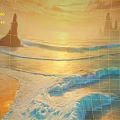 Breathtaking Sunset Beach Scene With Golden Sand Turquoise Waves And Rock Formations