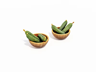 Fresh Green Cucumbers Placed In Two Small Wooden Bowls On White Background 3d model