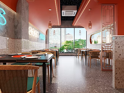 Hotpot Restaurant Interior With Red Walls Neon Signs Open Layout Chinese Screens And City View 3d model