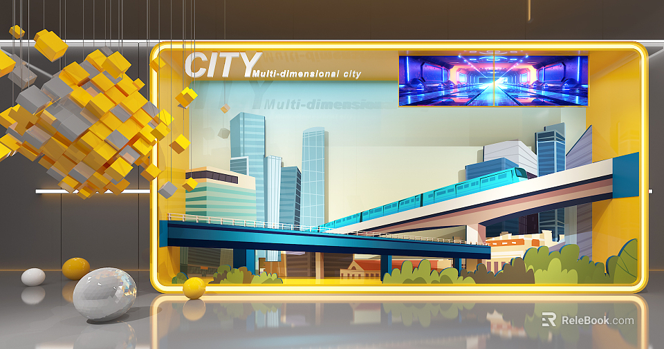 Multi dimensional City Themed Window Display with Tall Buildings Elevated Train and Overpass 3d model 