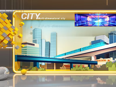 Multi dimensional City Themed Window Display with Tall Buildings Elevated Train and Overpass 3d model
