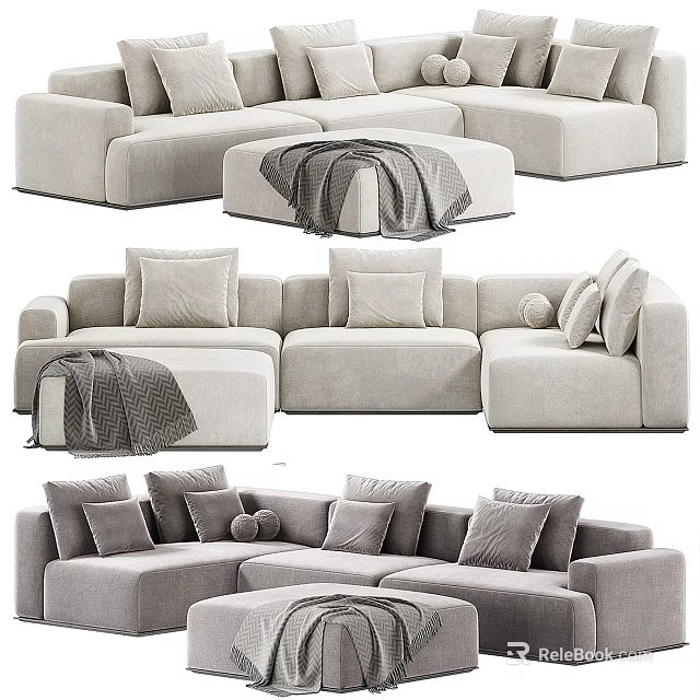 Modern Light Gray Sectional Sofa with Plush Cushions Round Ottoman and Throw Blanket 3d model 