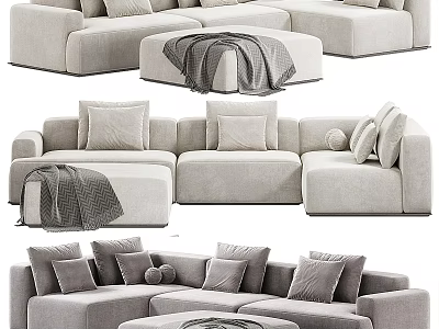 Modern Light Gray Sectional Sofa with Plush Cushions Round Ottoman and Throw Blanket 3d model