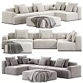 Modern Light Gray Sectional Sofa with Plush Cushions Round Ottoman and Throw Blanket