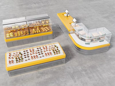 Glass Door Display Shelves For Food Showcases With Yellow Gray Design And Layered Storage 3d model