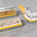 Glass Door Display Shelves For Food Showcases With Yellow Gray Design And Layered Storage