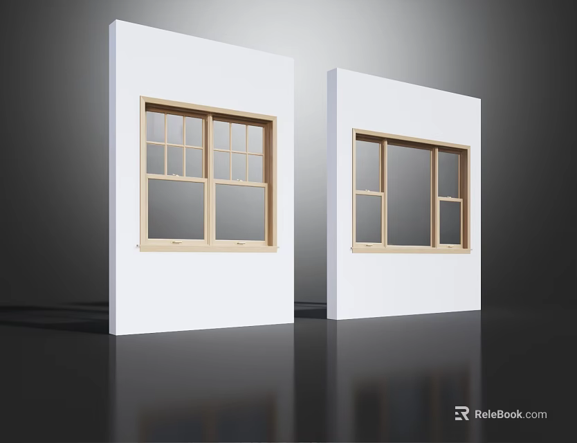 Two Wooden Windows On White Walls Featuring Different Pane Designs 3d model