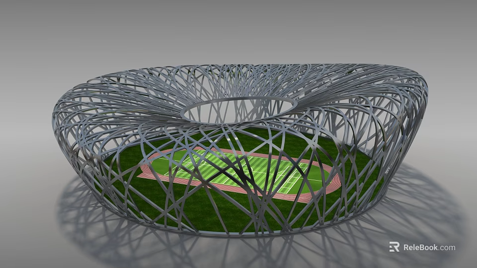 Bird's Nest National Stadium Unique Steel Structure Exterior With Green Field And Running Track 3d model 