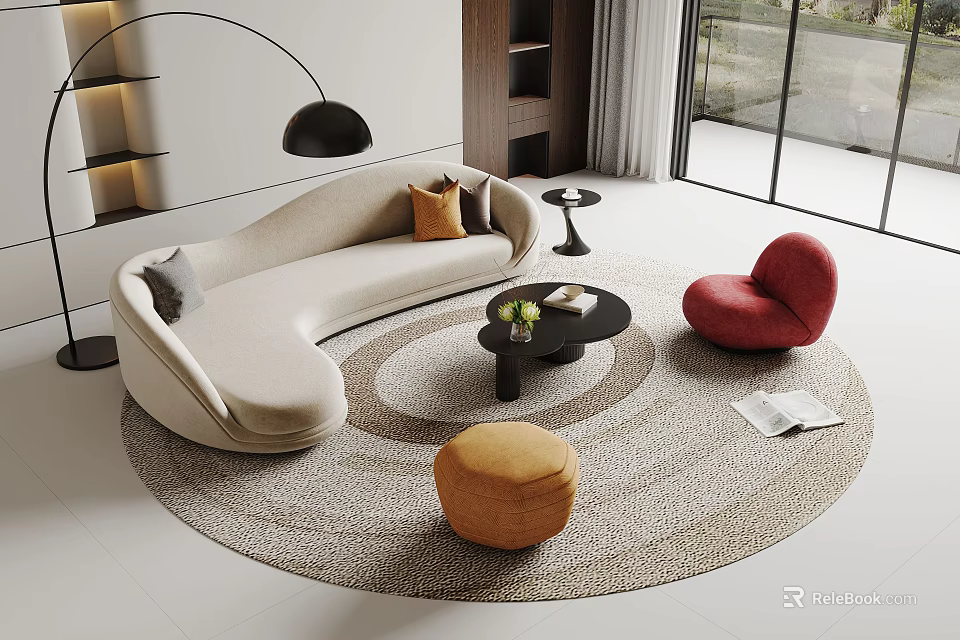 Beige Curved Sofa and Black Round Coffee Table Set with Red Chair and Orange Ottoman 3d model 