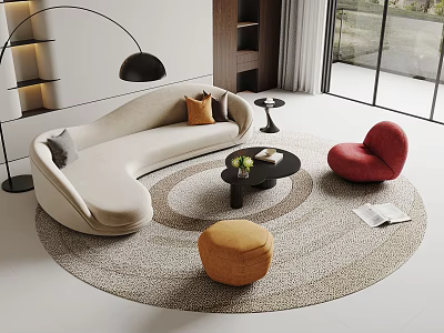 Beige Curved Sofa and Black Round Coffee Table Set with Red Chair and Orange Ottoman 3d model
