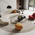 Beige Curved Sofa and Black Round Coffee Table Set with Red Chair and Orange Ottoman