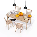 Wooden Dining Table Set With Four Chairs Decorative Pumpkins Books Black Cat And Pendant Lights