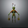 Green Insectoid Fantasy Character With Red Green Attire Holding Baskets And Antennas On Head