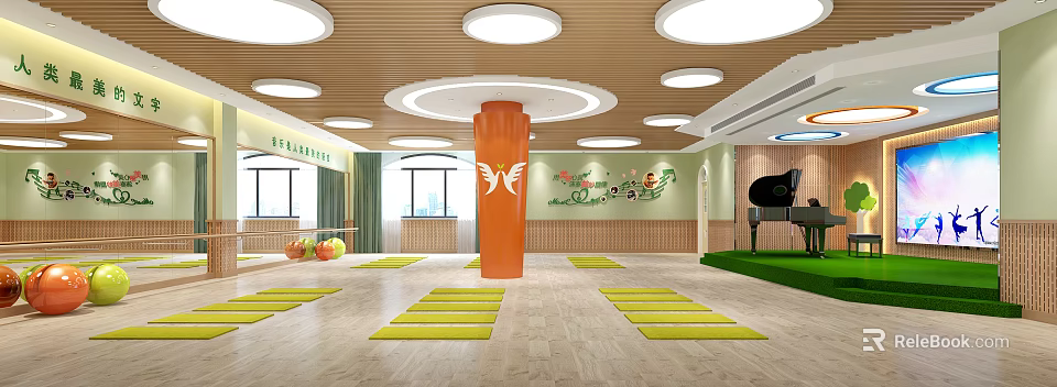 Indoor Fitness Studio With Yellow Yoga Mats Orange Pillar Green Wall Art And Exercise Balls 3d model 
