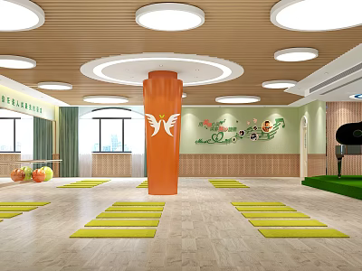 Indoor Fitness Studio With Yellow Yoga Mats Orange Pillar Green Wall Art And Exercise Balls 3d model