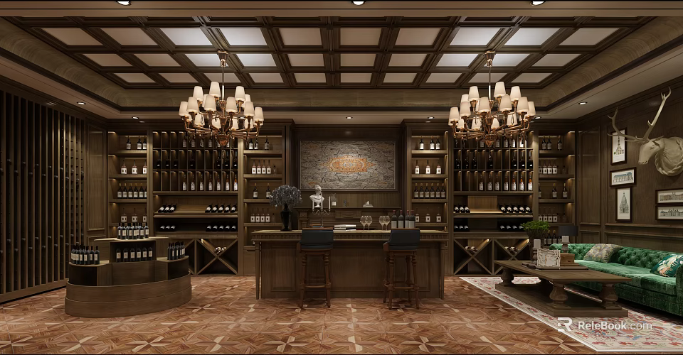 Luxurious Wine Cellar Interior Design With Wooden Wine Racks Chandeliers And Bar Counter 3d model 