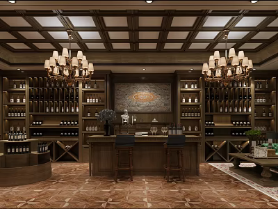 Luxurious Wine Cellar Interior Design With Wooden Wine Racks Chandeliers And Bar Counter 3d model