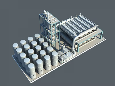 Industrial Equipment System With Storage Tanks Processing Tower Pipes Platforms And Horizontal Unit 3d model