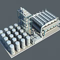 Industrial Equipment System With Storage Tanks Processing Tower Pipes Platforms And Horizontal Unit