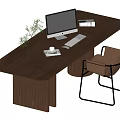 Modern Wooden Desk with Computer Monitor Keyboard Mouse Books Plant and Brown Chair