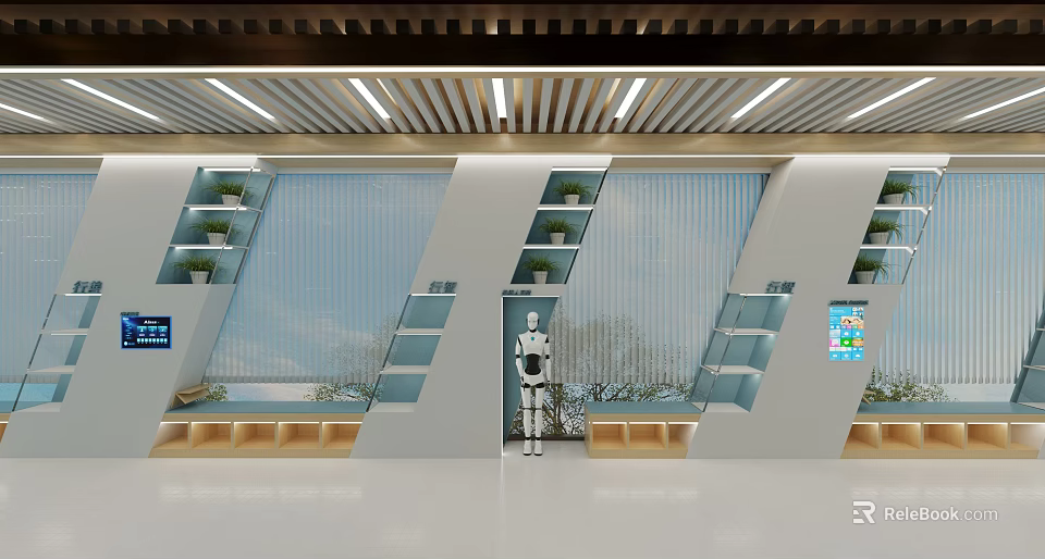 Modern Campus Corridor With Linear Ceiling Lights Plant Shelves Robot And Wooden Benches 3d model 