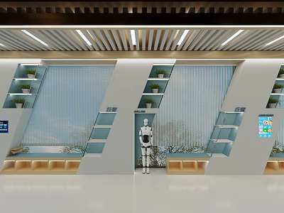 Modern Campus Corridor With Linear Ceiling Lights Plant Shelves Robot And Wooden Benches 3d model