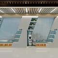 Modern Campus Corridor With Linear Ceiling Lights Plant Shelves Robot And Wooden Benches