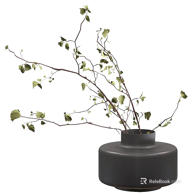 Minimalist Black Vase with Green Leaf Branches for Home Interior Decor 3d model