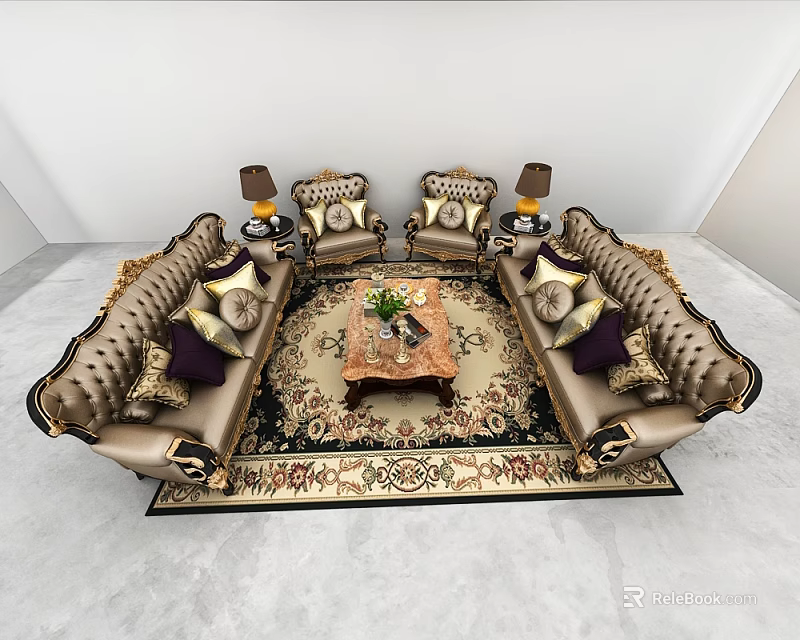 Elegant Traditional Sofa And Coffee Table Set With Carved Details Plush Pillows And Decorative Rug 3d model 