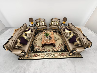 Elegant Traditional Sofa And Coffee Table Set With Carved Details Plush Pillows And Decorative Rug 3d model