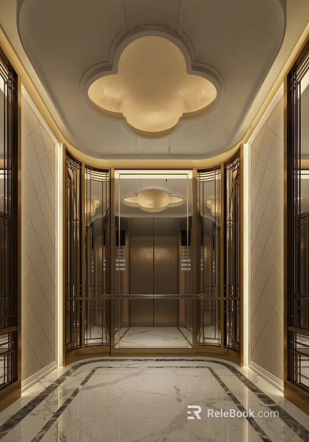 Modern Luxury Elevator Interior Design With Gold Frame Mirrored Walls And Elegant Lighting 3d model 