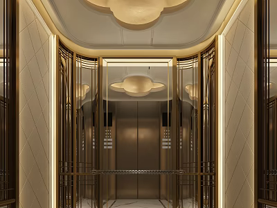 Modern Luxury Elevator Interior Design With Gold Frame Mirrored Walls And Elegant Lighting 3d model