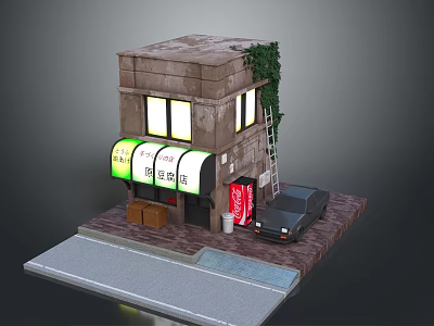 Small Urban Building with Ivy Covered Walls Lit Windows Green Signboard and Black Car Nearby 3d model