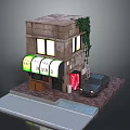 Small Urban Building with Ivy Covered Walls Lit Windows Green Signboard and Black Car Nearby