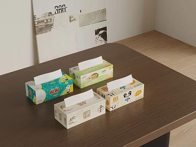 Four Colorful Tissue Boxes With Different Patterns On Wooden Table 3d model